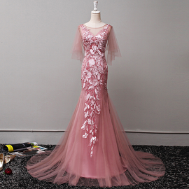 Dark Pink Tulle Mermaid Long Formal Dress with Floral Lace, Long Evening Dress