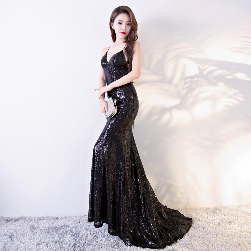 Black Mermaid Backless Long Sequins Prom Dress, Sexy Evening Gown
