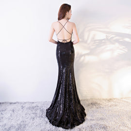 Black Mermaid Backless Long Sequins Prom Dress, Sexy Evening Gown