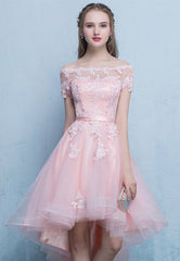 Beautiful Pink Off Shoulder High Low Tulle Homecoming Dress, Lace Applique Prom Dress
