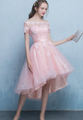 Beautiful Pink Off Shoulder High Low Tulle Homecoming Dress, Lace Applique Prom Dress