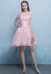 Beautiful Pink Off Shoulder High Low Tulle Homecoming Dress, Lace Applique Prom Dress