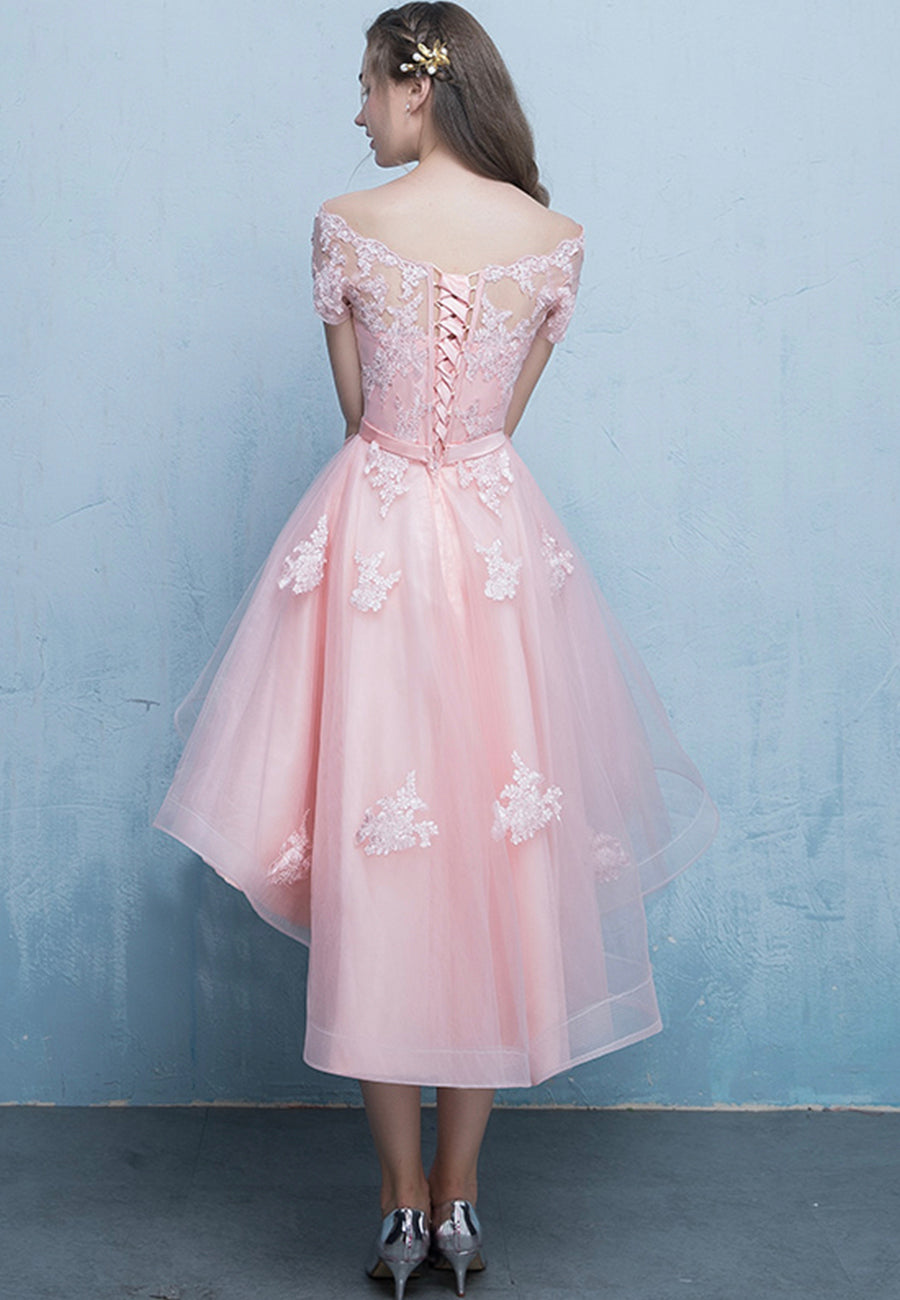 Beautiful Pink Off Shoulder High Low Tulle Homecoming Dress, Lace Applique Prom Dress