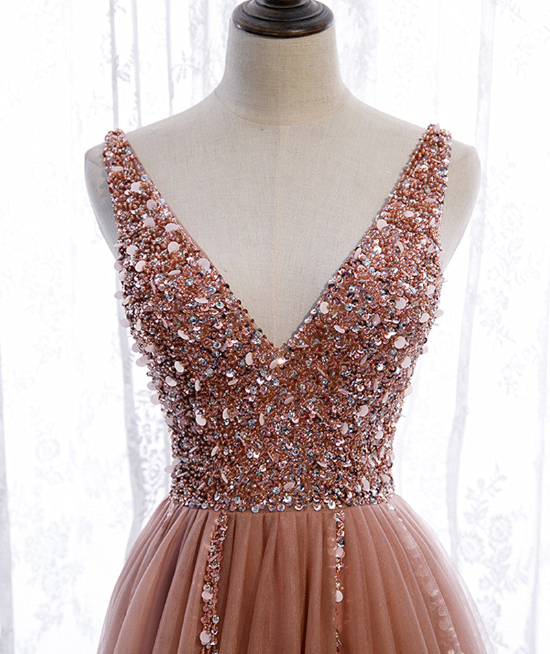 Pink Long Sparkle Beaded Tulle Slit Prom Dress,Pink V-neckline Evening Gown