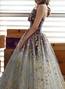 Floral Tulle New Style Strapless Floor Length Party Dress, Long Formal Dress Evening Dress