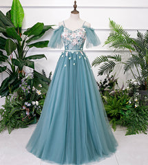 Beautiful Green Tulle Off Shoulder Party Dress, A-line Prom Dress with Flowers