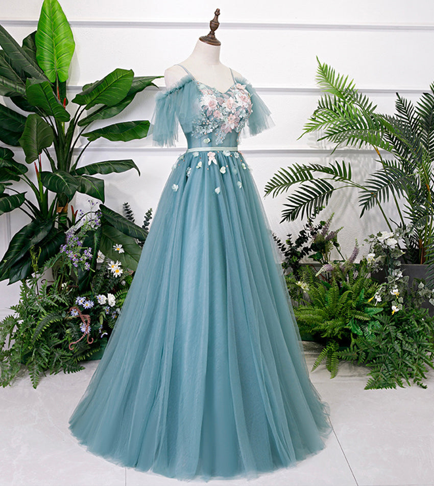 Beautiful Green Tulle Off Shoulder Party Dress, A-line Prom Dress with Flowers