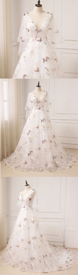 Beautiful V-neckline Long Tulle Prom Dress, A-line Floral Party Dress