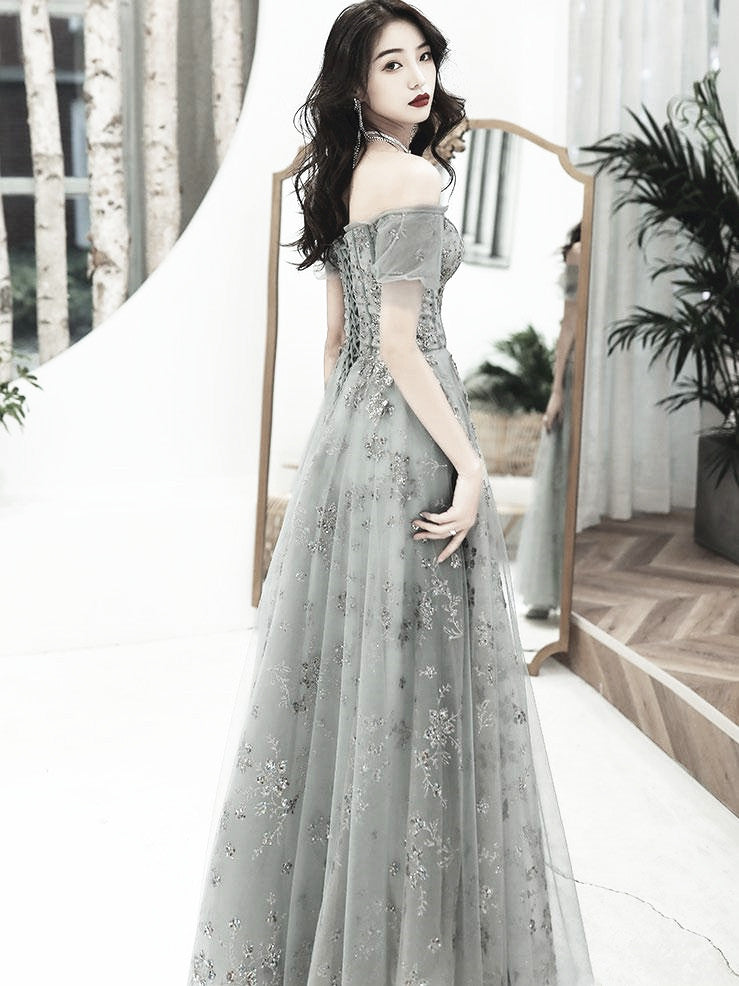 Grey Off Shoulder A-line Tulle with Lace Long Party Dress, Grey Evenin Cutedressy Grey Off Shoulder A-line Tulle with Lace Long Party Dress, Grey Evenin Cutedressy