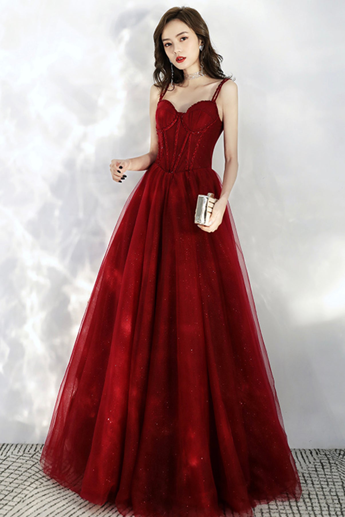Beautiful Wine Red Tulle Off Shoulder Prom Dress, Dark Red Party Dress 2022