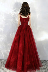 Beautiful Wine Red Tulle Off Shoulder Prom Dress, Dark Red Party Dress 2022
