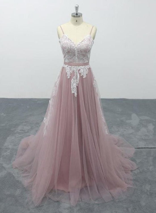 Pink Tulle V-Neck Spaghetti Straps Bridal Gown, Floor-Length A-line Wedding Party Dress Formal Dress