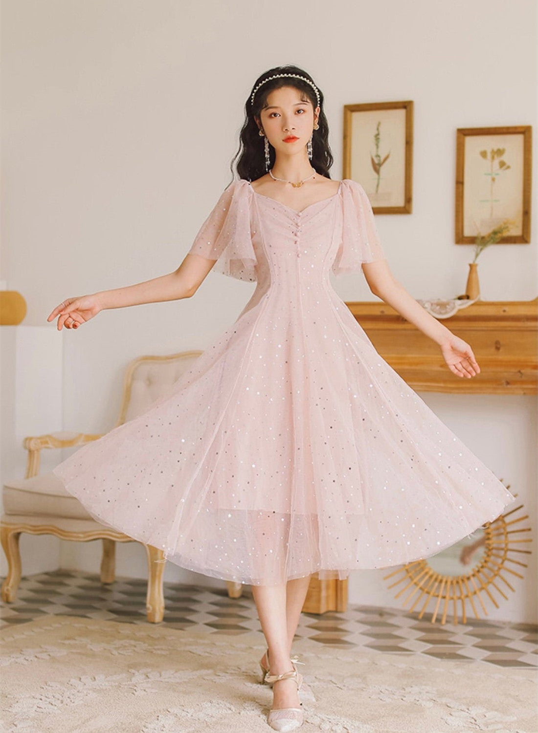 Pink Cute Tea Length Tulle Wedding Party Dress, Pink Soft Tulle
