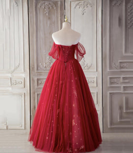Red Sweetheart Tulle Long Beautiful Prom Dresses, Wine Red Party Dresses Evening Gown