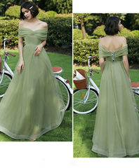 Lovely Green Tulle Long Bridesmaid Dress Party Dress, Green Off Shoulder Party Dress