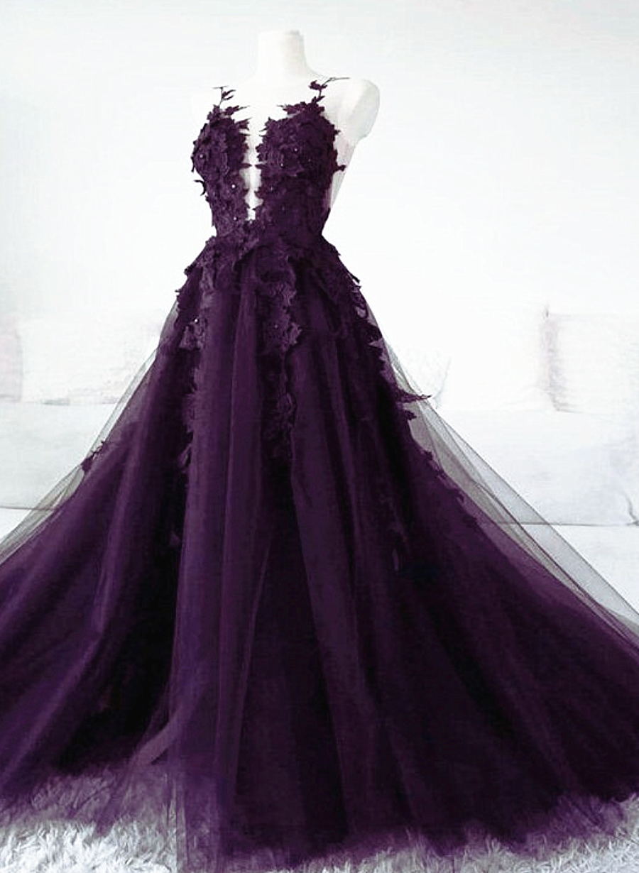 Dark Purple Tulle with Lace Applique Long Wedding Party Dress, Purple Formal Dress