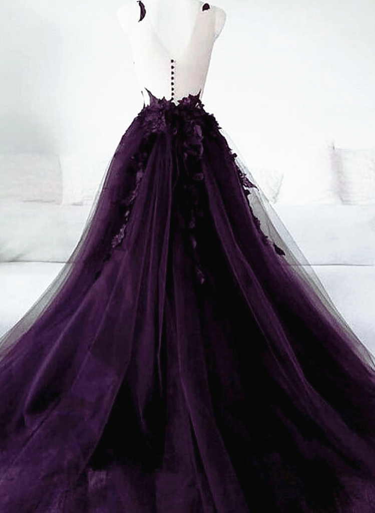Dark Purple Tulle with Lace Applique Long Wedding Party Dress, Purple
