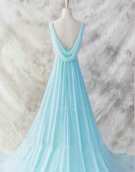 Light Blue Chiffon Long Evening Dress, Blue Beaded Waist Wedding Party