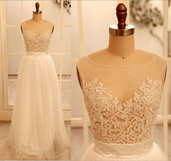 White Beautiful Tulle and Applique Beach Wedding Dress, Simple See through Party Dress