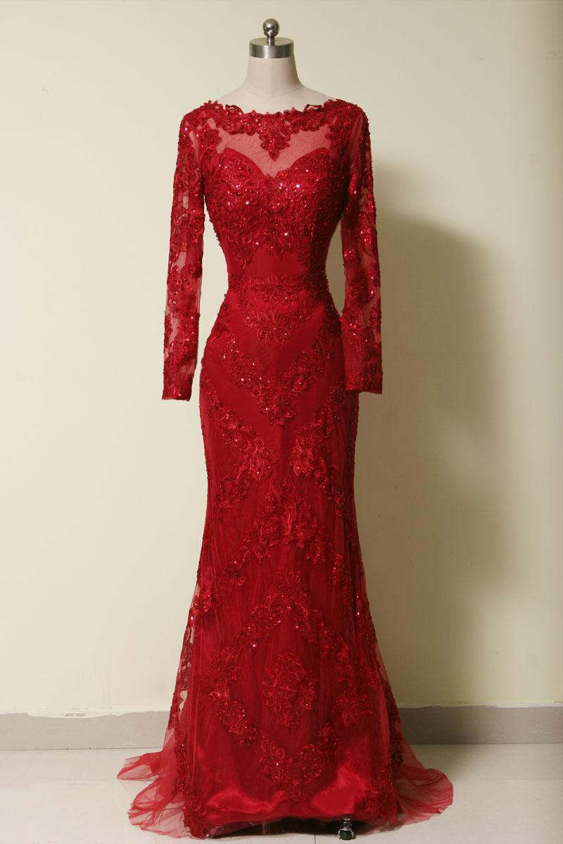 Elegant Red Mermaid Long Sleeves Gown, Red Long Formal Dress Cutedressy Elegant Red Mermaid Long Sleeves Gown, Red Long Formal Dress Cutedressy