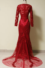 Elegant Red Mermaid Long Sleeves Gown, Red Long Formal Dress