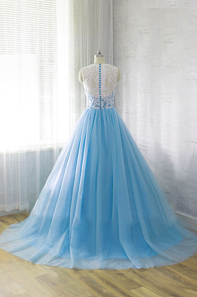 Blue Tulle Long Lace Prom Dress, Charming Ball Gown Party Gowns, Prom Dress