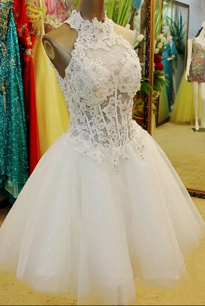 Cute Halter White Lace Flower Short Tulle Party Dress, White Formal Dr Cutedressy Cute Halter White Lace Flower Short Tulle Party Dress, White Formal Dr Cutedressy