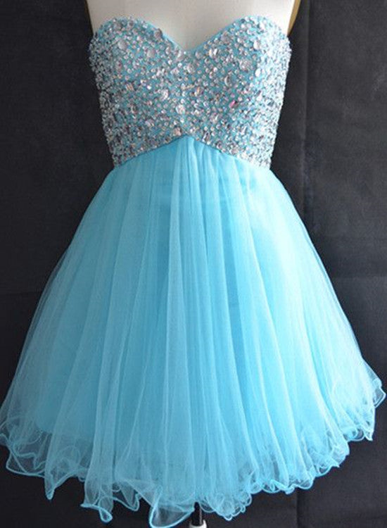 Cute Tulle Sweetheart Beaded Short Party Dress, Lace-up Junior Prom Dress, Blue Homecoming Dress