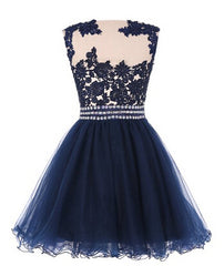 Navy Blue Homecoming Dresses, Applique Detail with Beaded Prom Dresses, Cute Party Dress