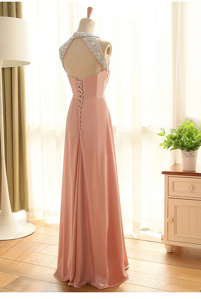 Pink Halter Sequins Floor Length Prom Dress , Pink Party Dress