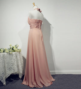 Beautiful Pink Halter Chiffon Bridesmaid Dress, Long Wedding Party Dresses