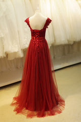 Charming Wine Red Tulle Prom Dress with Belt, Elegant Bridesmaid Dresses