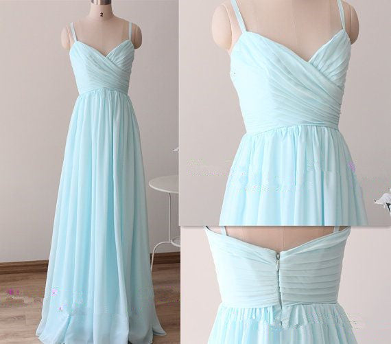 Light Blue Straps Long Prom Dresses, Light Blue Bridesmaid Dresses, Chiffon Party Dresses