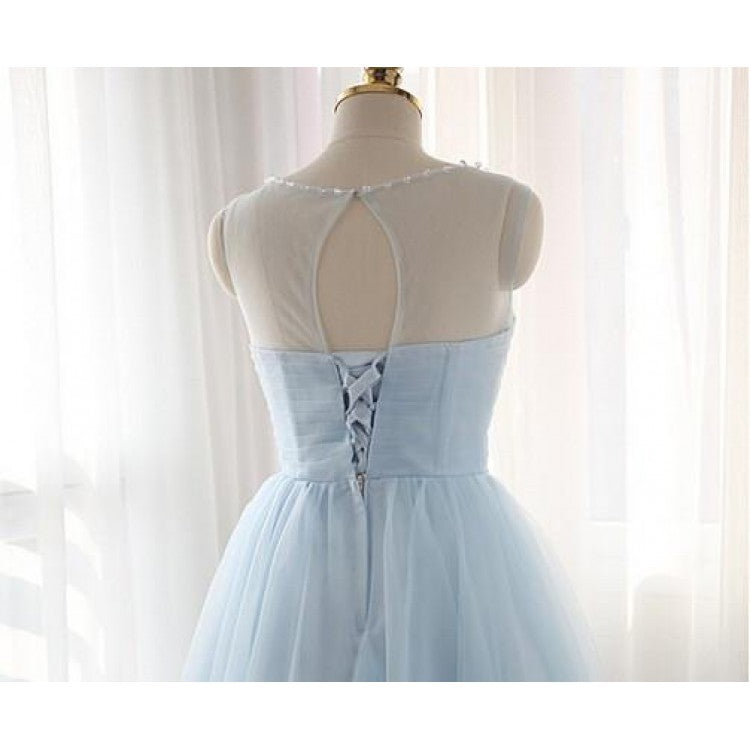 Light Blue Round Neckline Short Tulle Graduation Dress , Blue Party Dr
