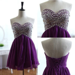 Purple Chiffon Sweetheart Beaded Short Formal Dress, Homecoming Dresses