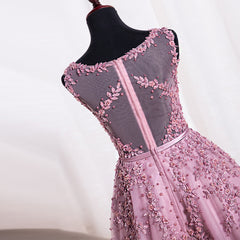 Pink Tea Length School Homecoming Dresses, Applique Pearls  Short Prom Dresses, Pink Party Dresses