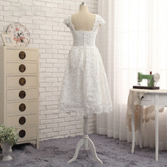 Beautiful White Lace Cap Sleeves Tea Length Party Dress, White Formal Dress