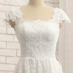 Beautiful White Lace Cap Sleeves Tea Length Party Dress, White Formal Dress