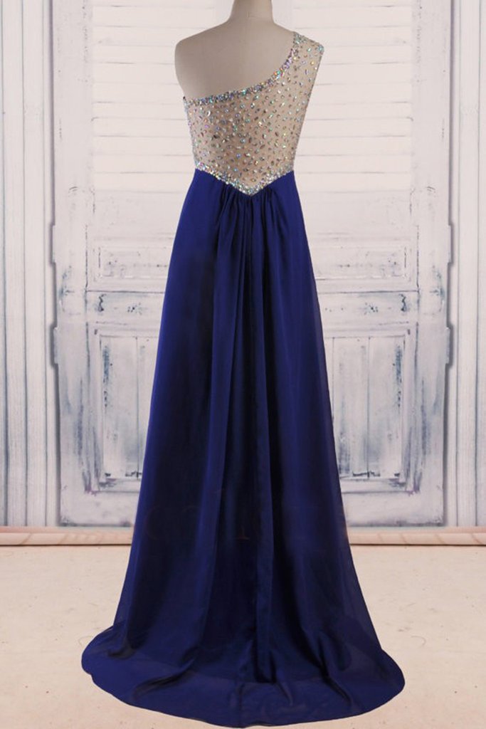 One Shoulder Stylish Beaded Chiffon Blue Evening Dresses, Beautiful Formal Dress. Prom Dress 2018