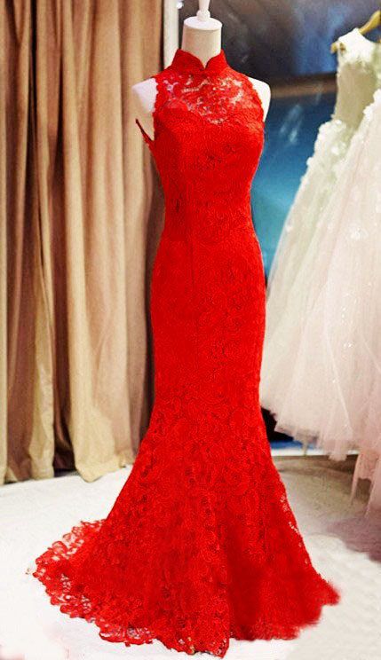 Beautiful Red Lace Halter Mermaid Wedding Party Dress, Red Lace Gown