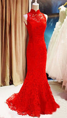 Beautiful Red Lace Halter Mermaid Wedding Party Dress, Red Lace Gown