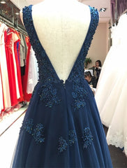 Navy Blue Tulle Long Formal Gowns, Blue Prom Dress , V-neckline Party Dresses