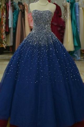 Beautiful Navy Blue Sparkle Long Formal Gown , Handmade Beaded Party Gowns
