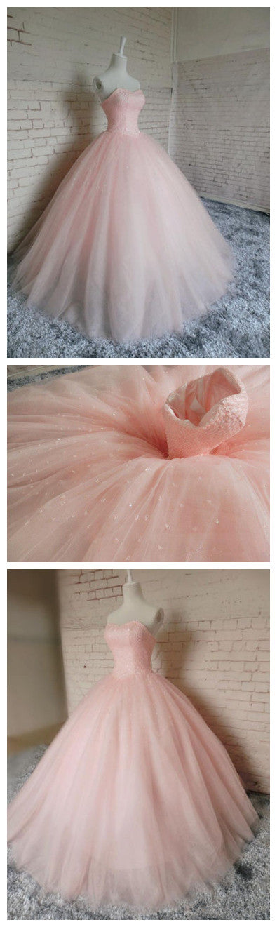 Pink Tulle with Beaded Lovely Formal Gown, Charming Pink Sweet 16 Gowns, Evening Gowns