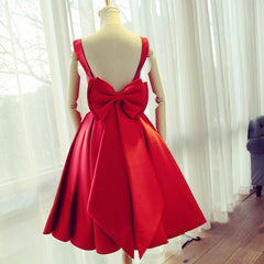 Red Satin Cute Party Dress with Bow, Satin Homecoming Dresses, Backless Formal Dresses