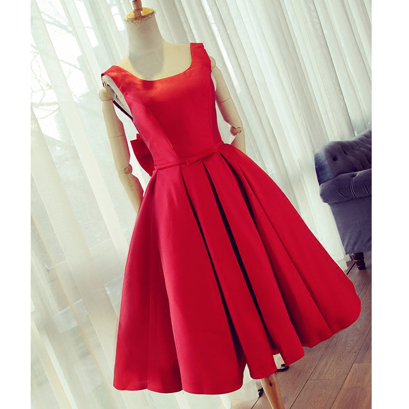 Red Satin Cute Party Dress with Bow, Satin Homecoming Dresses, Backless Formal Dresses