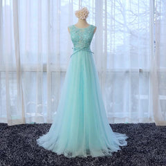 Light Blue Round Neckline Long Lace and Tulle Formal Dresses, Pretty Formal Dresses