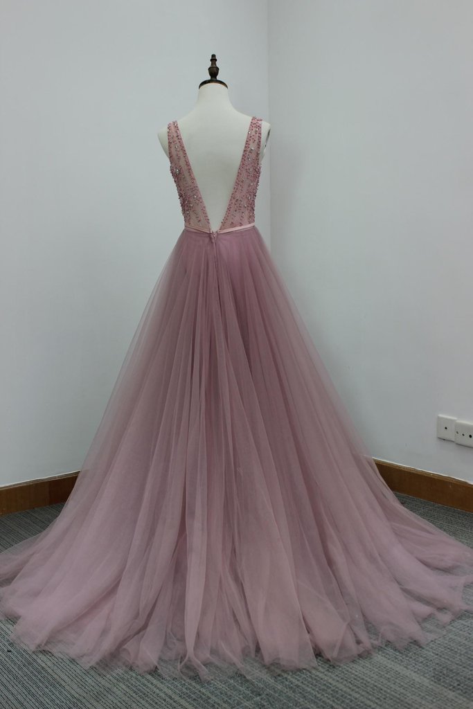 Pretty Pink Tulle V-neckline Beaded Prom Dresses , Sparkle Formal Dresses, Gorgeous Party Dresses