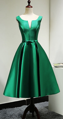 Lovely Dark Green V Neck Satin Bridesmaid Dress , Short Prom Dresses,