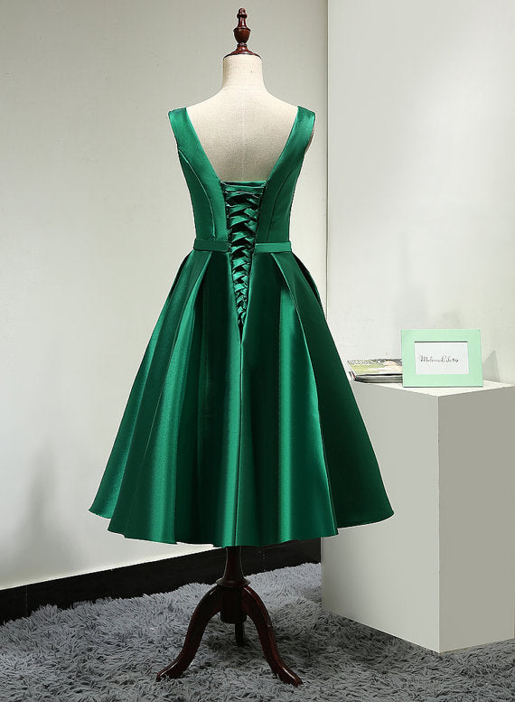Lovely Dark Green V Neck Satin Bridesmaid Dress , Short Prom Dresses, Cutedressy Lovely Dark Green V Neck Satin Bridesmaid Dress , Short Prom Dresses, Cutedressy